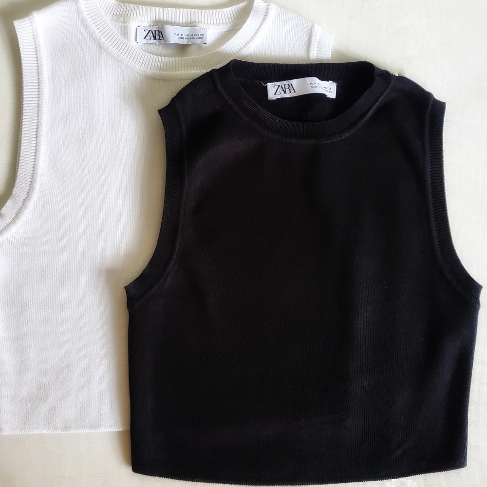 Two Zara Medium Cropped Knit Tops (Black and White)